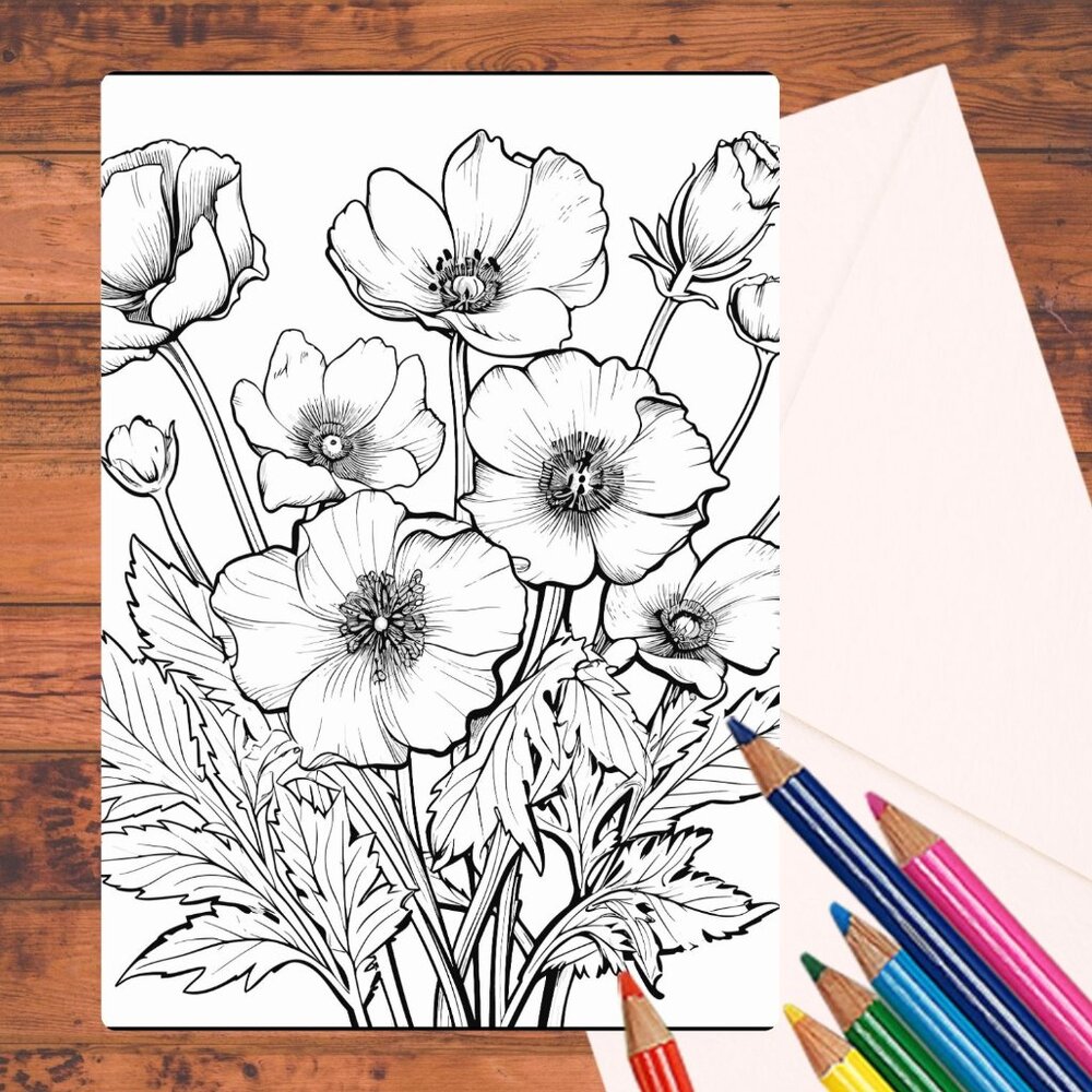 8 Wildflowers A7 Coloring Cards Set: Adult DIY Coloring Kit with Envelopes